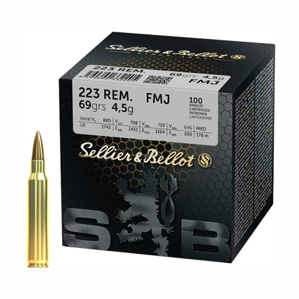 Патрон Sellier & Bellot кал. 223 Rem куля FMJ маса 4.5 грами/ 69 гран. Поч. швидкість 880 м/с Фото 1