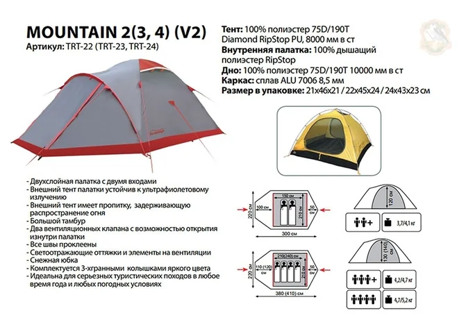 Палатка Tramp Mountain 4 V2 (Grey/Red) Фото 2