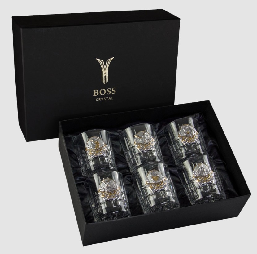 Набор для виски «HUNTER» Boss Crystal – 6 хрустальных бокалов, золото, серебро